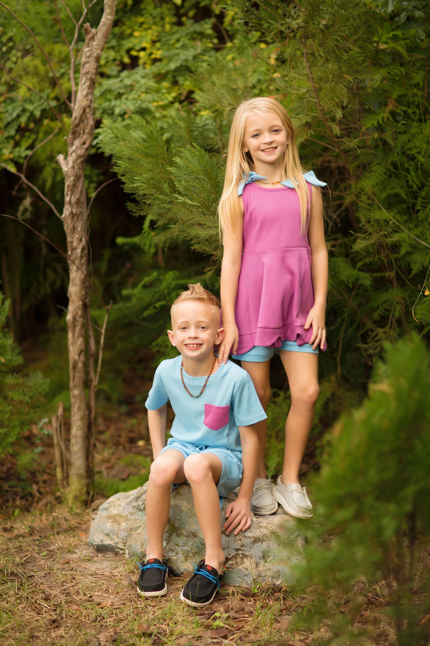 Blueberry Smoothie Bow-Shoulder Scallop-Hem Tunic Set