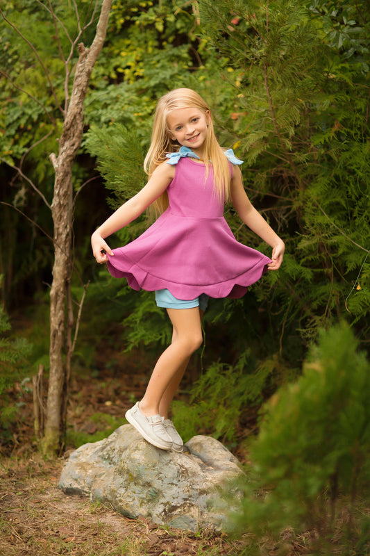 Blueberry Smoothie Bow-Shoulder Scallop-Hem Tunic Set