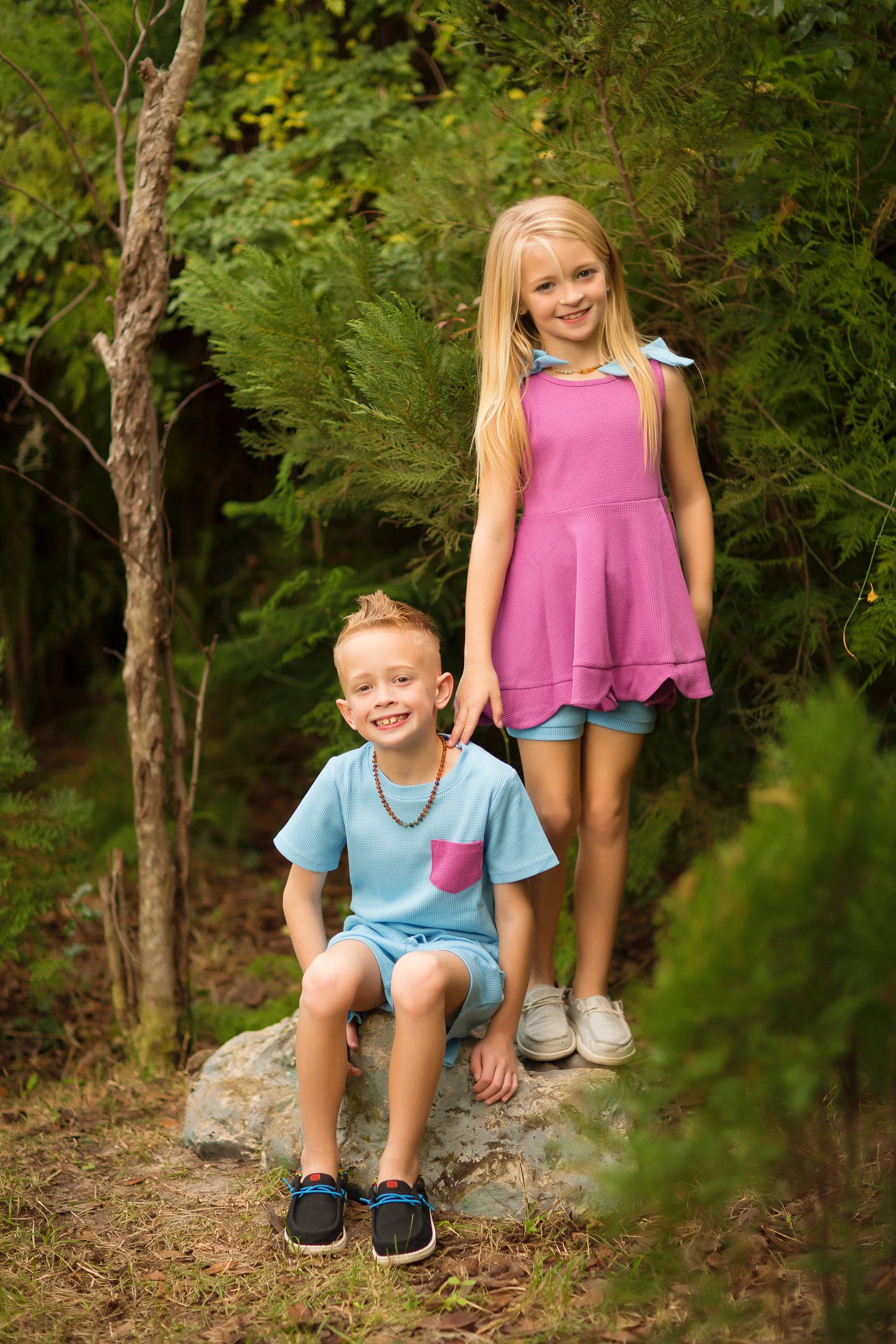 Blueberry Smoothie Bow-Shoulder Scallop-Hem Tunic Set