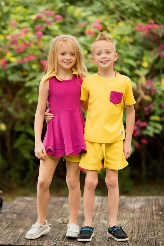 Raspberry Lemonade Bow-Shoulder Scallop-Hem Tunic Set