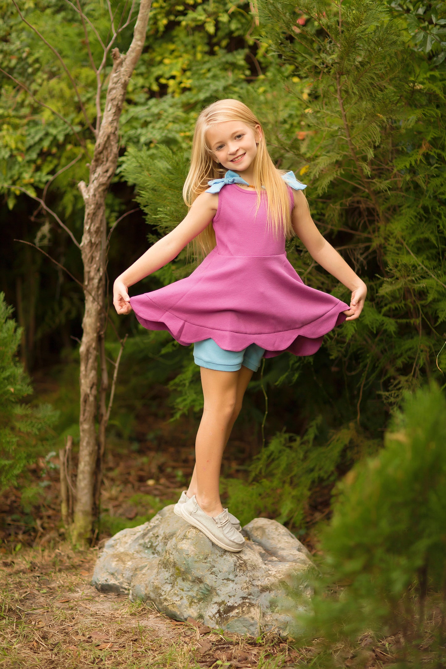 Blueberry Smoothie Bow-Shoulder Scallop-Hem Tunic Set